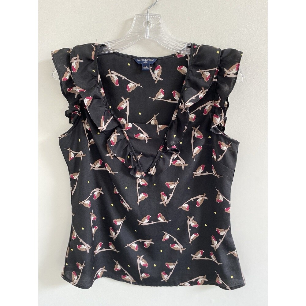 Banana Republic Petite PM Black Robin Bird Ruffle Flounce Neck Sleeveless Blouse - Picture 2 of 5